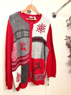 Cherokee Vintage Christmas Cardigan Size XXL Red Cottagecore Angora Grannycore